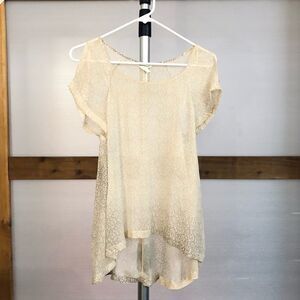 CLUB MONACO Silk Sheer Cold Shoulder Short Sleeve Blouse Yellow Grey Print Sz XS